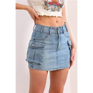 Y2K Light Wash Cargo Denim Mini Skirt Low Waist Extra Short Bodycon Skirt‎